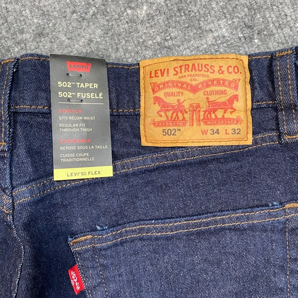 Levis 502 Taper Mens 34x32 Dark Indigo Flex Stretch Denim Jeans 29507-1102